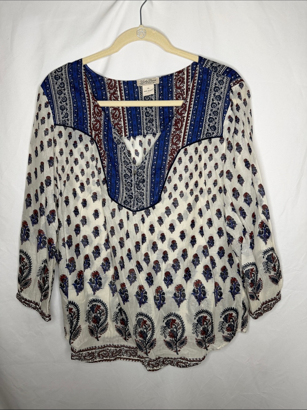 Lucky Brand White Boho Peasant Tunic with Blue & Red Paisley Print